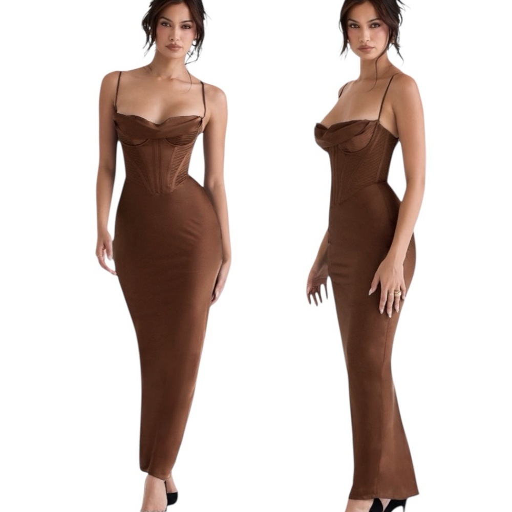 Elegant Brown Corset Maxi Dress - Women